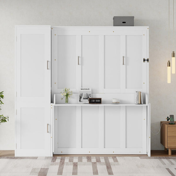 English Elm Queen Murphy Wall Bed with Integrated Desk Gas Strut Lift White Cabinet for Small Spaces W504S00271