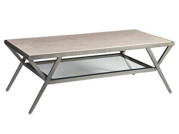 Lexington Artistica Home Adamo Silver Gray Cocktail Table - Stunning Mixed Media Design With Beveled Glass And Travertine Top Silver Leaf Wood 2273-945