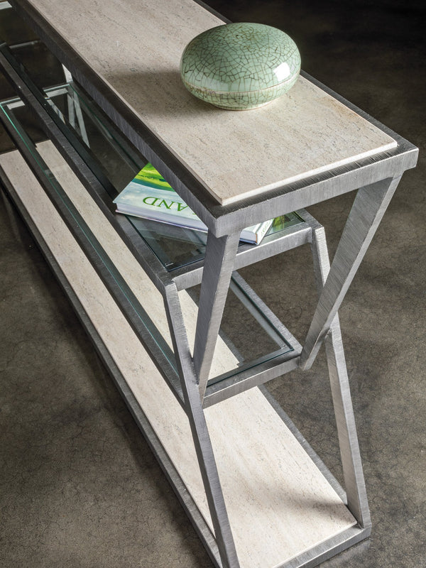 Lexington Artistica Home Adamo Silver Gray Console Table With Unique Travertine Top And Beveled Glass Shelves For Elegance Silver Leaf Wood 2273-966