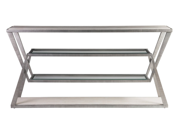 Lexington Artistica Home Adamo Silver Gray Console Table With Unique Travertine Top And Beveled Glass Shelves For Elegance Silver Leaf Wood 2273-966