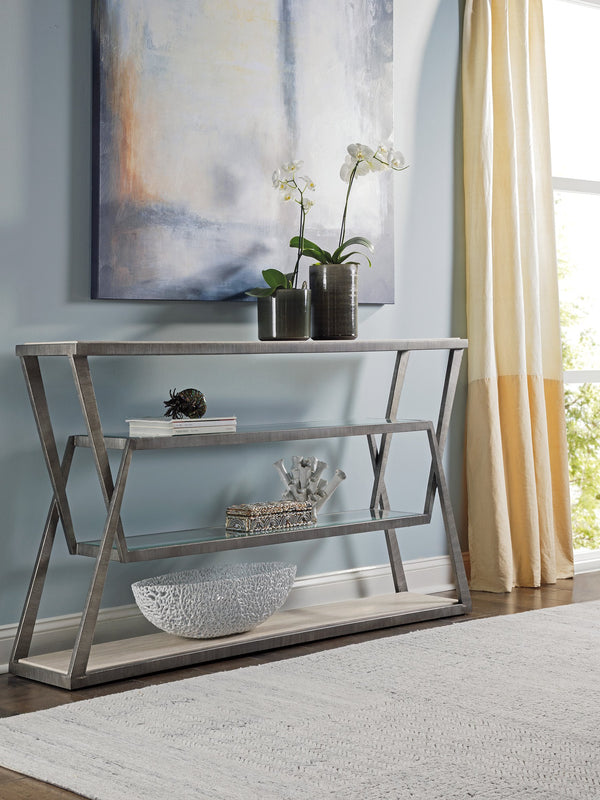 Lexington Artistica Home Adamo Silver Gray Console Table With Unique Travertine Top And Beveled Glass Shelves For Elegance Silver Leaf Wood 2273-966