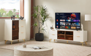 English Elm Deluxe Sculpted Geometric TV Cabinet with Tempered Glass Doors, 4 Drawers, Adjustable Metal Feet, Modern Chic Design White W1162P294819