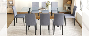 English Elm Table Set With 79" Tempered Glass Top & 8 Light Gray Linen-Cotton Chairs - Modern Elegance For Dining W1151S03619-GIGA