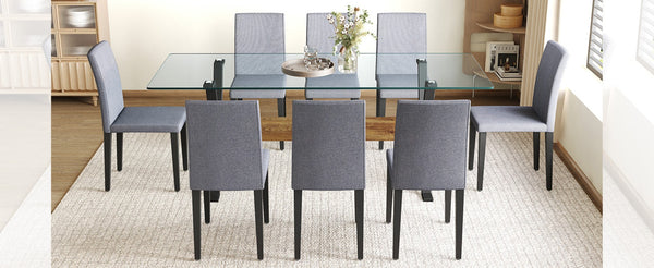 English Elm Table Set With 79" Tempered Glass Top & 8 Light Gray Linen-Cotton Chairs - Modern Elegance For Dining W1151S03619-GIGA