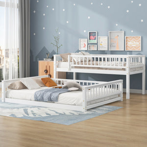 English Elm Twin Twin XL over Queen bunk bed with ladder and guardrails, sturdy pine MDF frame for small rooms White GX000464AAK