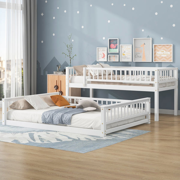 English Elm Twin Twin XL over Queen bunk bed with ladder and guardrails, sturdy pine MDF frame for small rooms White GX000464AAK