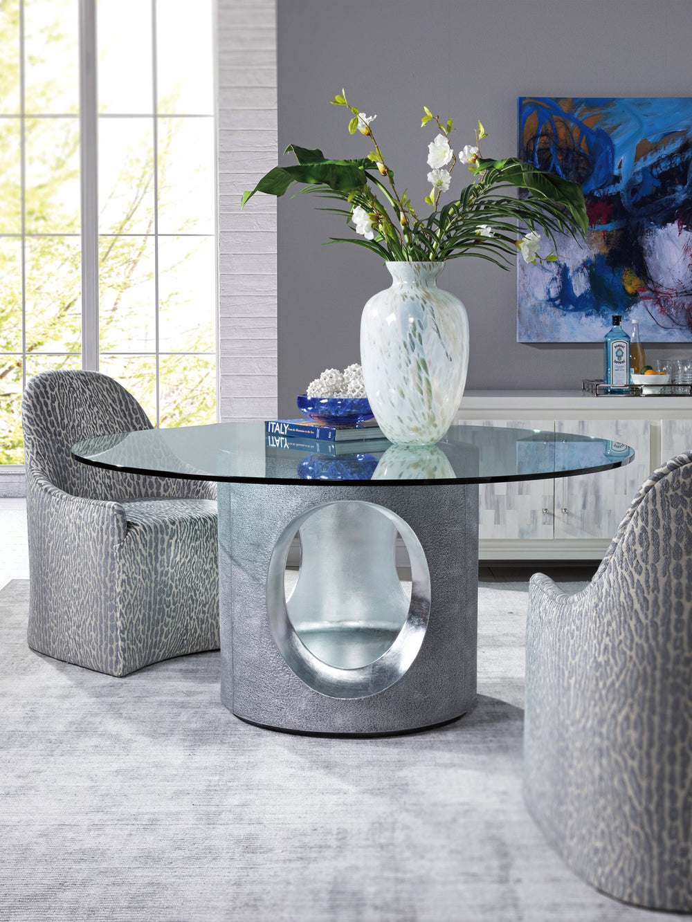 Lexington Artistica Home Circa Round Dining Table - Modern Casted Design With Unique Textured Gray Finish And Silver Accents Silver Leaf Wood 2275-870-60c