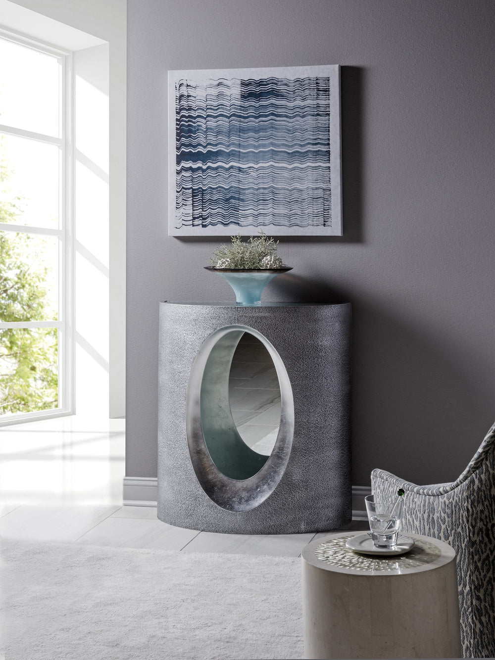 Lexington Artistica Home Circa Console Table - Modern Textured Gray Design With Silver Leaf Accents And Elegant Glass Top Silver Leaf Wood 2275-966