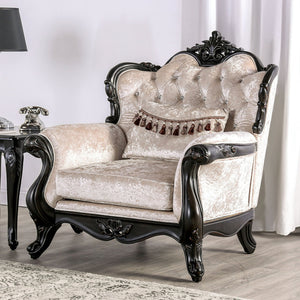 English Elm Traditional Carved Tufted Accent Chair with Rolled Arms, Nailhead Trim and Elegant Upholstery Black,Off White 44 L x 39 W x 28 H B2741P380814