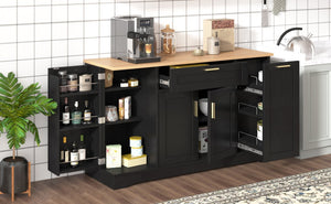 English Elm Trexm Multifunctional Sideboard with Pull Out Bottle Rack Adjustable Shelves Kitchen Storage Black XW000026AAB