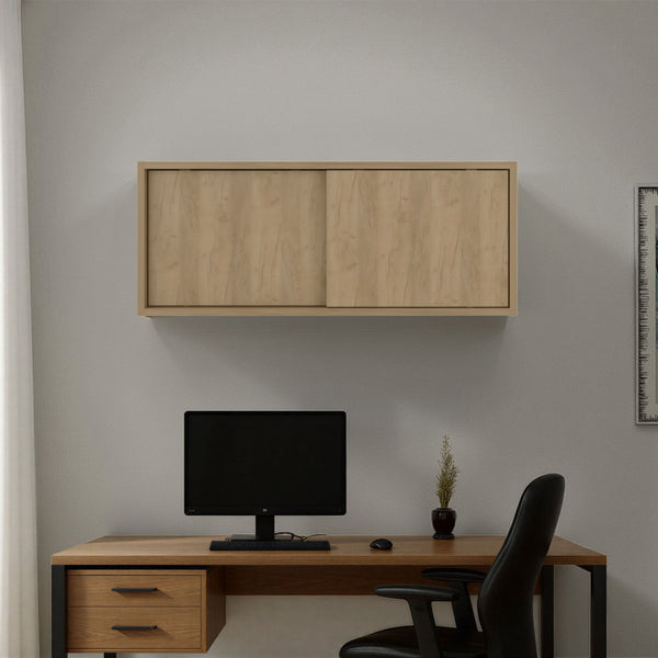 English Elm Note Floating Wall Cabinet Sliding Doors Slim Enclosed Storage for Office or Bedroom Natural Wood B200P462887