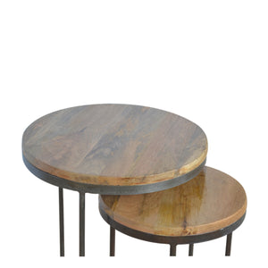 English Elm Solid Solid wood round stool with iron base set of 2 – 100% mango wood tops, industrial oak finish, nesting design Brown+Black B182P186200