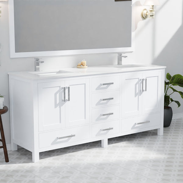 English Elm White 72-inch Double Bath Vanity with White Quartz Top, Solid Wood Frame, Soft-Close Drawers, Ample Storage, Scratch-Resistant Countertop, Pre-Drilled Faucet Hole B2731P258904