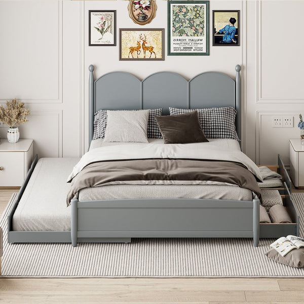 English Elm Queen Size Platform Bed With Trundle & 2 Large Drawers - Elegant Gray Storage Solution For Bedrooms N820S00025E-GIGA