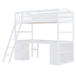 English Elm Twin Loft Bed with Desk Drawers Cabinet Shelves Solid Pine Wood White Finish LT0001505AAK-1