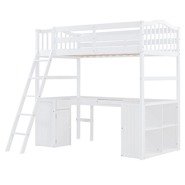 English Elm Twin Loft Bed with Desk Drawers Cabinet Shelves Solid Pine Wood White Finish LT0001505AAK-1