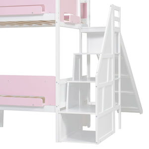 English Elm House-shaped Pine Bunk Bed with Built-in Slide Storage Staircase Twin Over Full Kids Frame White+Pink N820S00082K