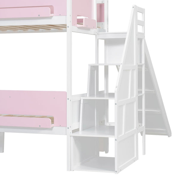 English Elm House-shaped Pine Bunk Bed with Built-in Slide Storage Staircase Twin Over Full Kids Frame White+Pink N820S00082K