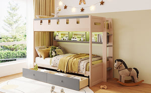 English Elm Twin Castle Bunk Bed with Led Lighting Built-in Shelf and Storage Drawers for Kids Gray LT000158AAE