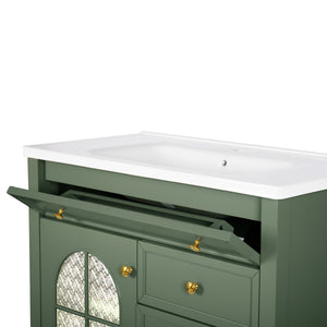 English Elm 35.6" Freestanding Bathroom Vanity with Roman Column Base and Ceramic Integrated Sink Green W1801S00010