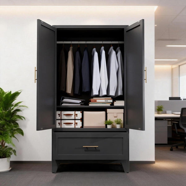 English Elm 60" Powder-coated Steel Wardrobe with Hanging Rod Drawer and Shelf for Slim Spaces W3387P396209