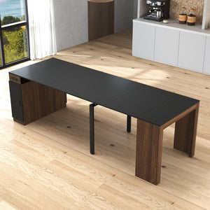 English Elm Modern Extendable Dining Table with Built-In Outlet, USB Ports & Storage, Space-Saving Console to 118" Walnut+black W331S00190