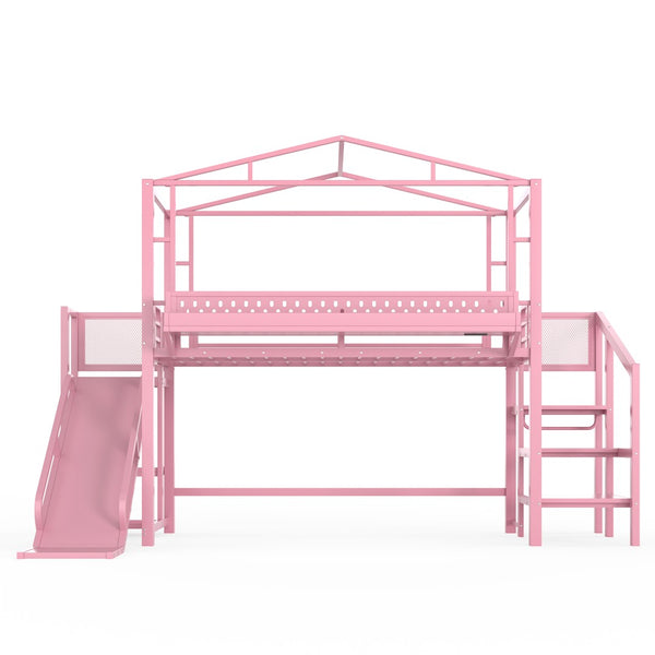 English Elm Twin Metal Loft Bed with Built-in Wardrobe Storage Stairs Led Lights and Usb Ports W5316S00046