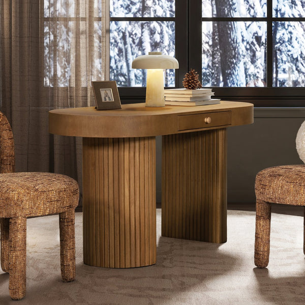 English Elm Jennifer Taylor Home - Jesse 55.5" Oval Fluted Console Desk in Honey Brown Rubberwood — Curved Top, Single Drawer, Sturdy Design B2719P277875
