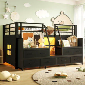 English Elm Twin Low Loft Bed with Shelves Fabric Drawers and Under Bed Study Nook Metal Frame Black W5305S00043