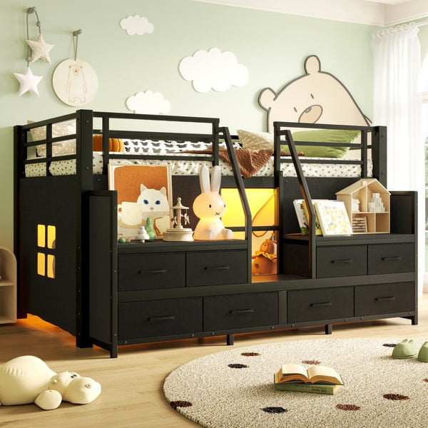 English Elm Twin Low Loft Bed with Shelves Fabric Drawers and Under Bed Study Nook Metal Frame Black W5305S00043