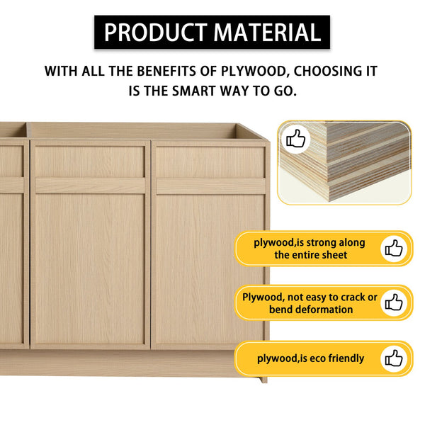 English Elm 60" Freestanding Vanity with Double Resin Sink, Scratch & Water-Resistant Plywood, Soft-Close Doors (Modern) W999S00266