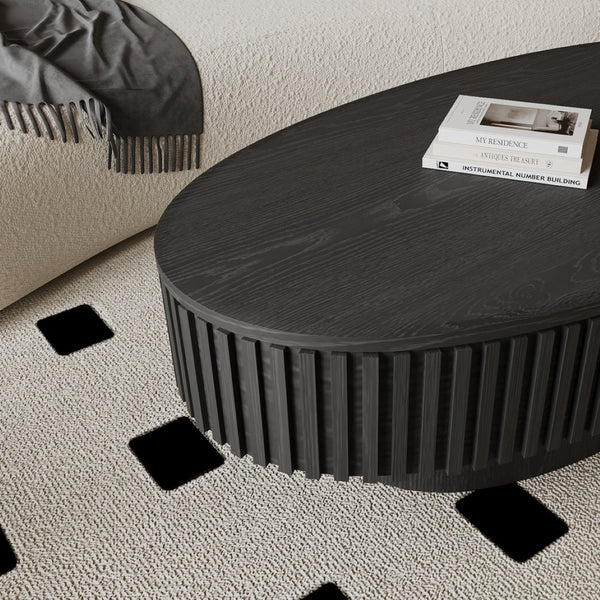 English Elm 47'' Oval Storage Coffee Table Fluted Wood Veneer Lift Lid Sculptural Living Room Accent Black W1435P293221