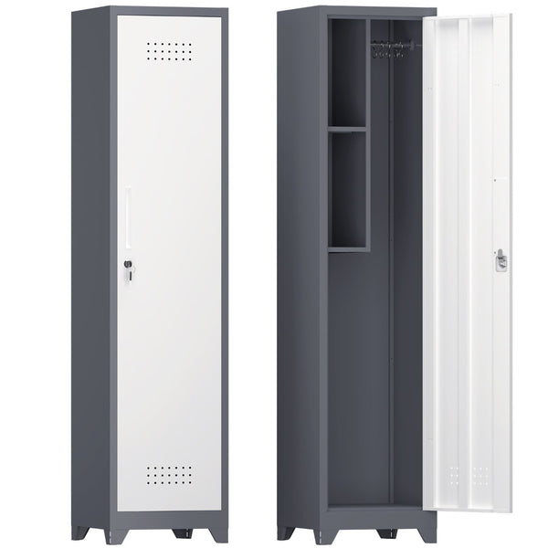 English Elm Metal Slim Broom Cabinet Lockable Steel Storage Unit with Hooks for Utility Spaces T3625P448064