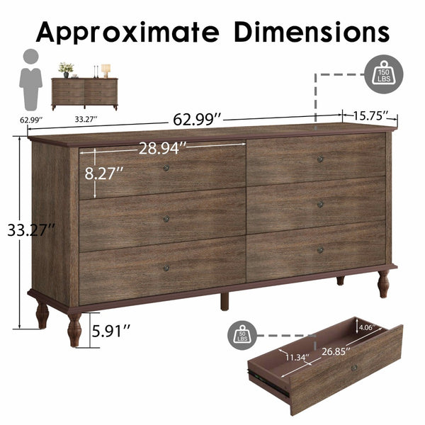 English Elm 6-drawer Wide Dresser Burnt Wood Grain Finish Copper Handles Roman Column Legs Bedroom Deep Rustic Brown W1445S00003