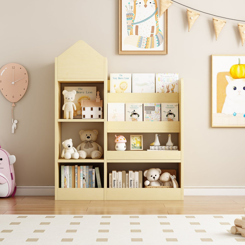 English Elm Wood Kids Wooden Bookshelf Toy Organizer with 6 Compartments, 2 Bins, Durable MDF, Kid-Safe Storage W2876P233553