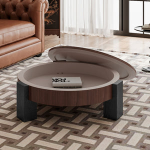 English Elm 33'' Round Coffee Table Parquet Veneer Flip Top Hidden Storage Wabi-sabi Living Room Walnut+Black W1435P419321