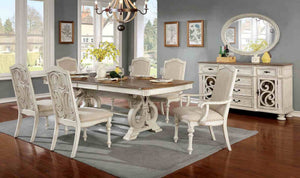 English Elm Antique White 7 Piece Formal Dining Set Carved Wood Trestle Table Ivory Upholstered Chairs B2741S00892