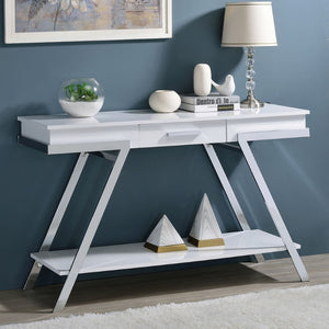 English Elm Contemporary High Gloss White Console Table with Chrome Frame and Open Display Shelf B011P207456