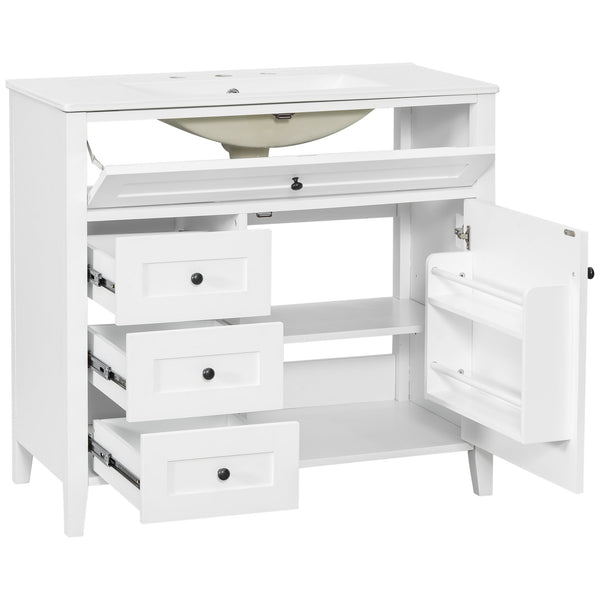 English Elm 36-Inch White Bathroom Vanity With Sink, Modern Mdf & Rubberwood, 3 Drawers & Adjustable Shelf Storage N725P350821K
