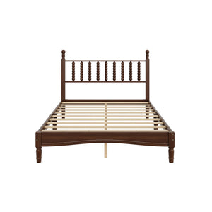 English Elm Full Full Size Wood Platform Bed with Gourd Headboard, Walnut Retro Charm, Solid Slat Support, 500LB Capacity N733P338317D