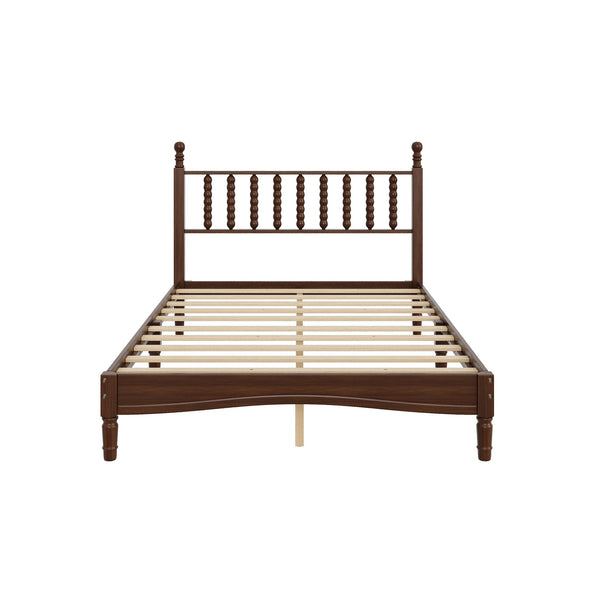 English Elm Full Full Size Wood Platform Bed with Gourd Headboard, Walnut Retro Charm, Solid Slat Support, 500LB Capacity N733P338317D