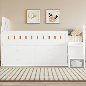English Elm Wooden Full Bed Frame with Led Headboard Four Storage Drawers and Ladder Shelf White N7090004028K