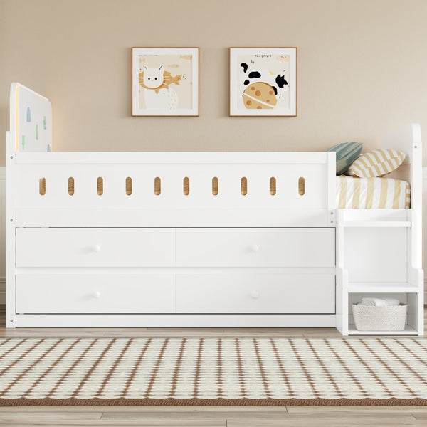 English Elm Wooden Full Bed Frame with Led Headboard Four Storage Drawers and Ladder Shelf White N7090004028K