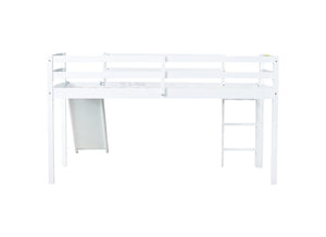 English Elm Twin Low Loft Bed with Slide and Ladder for Kids, Rubberwood Frame, Safety Guardrails & Playspace White W504P218525