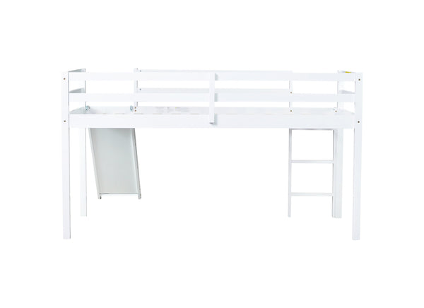 English Elm Twin Low Loft Bed with Slide and Ladder for Kids, Rubberwood Frame, Safety Guardrails & Playspace White W504P218525