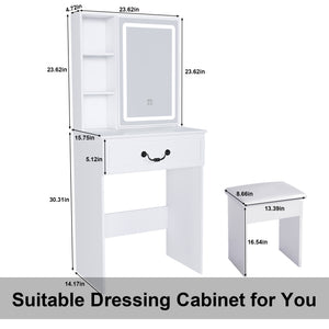 English Elm Modern Mini Dressing Table LED Vanity with Adjustable 3-Mode Brightness, Hidden Storage & Stool (White) W2699P296516