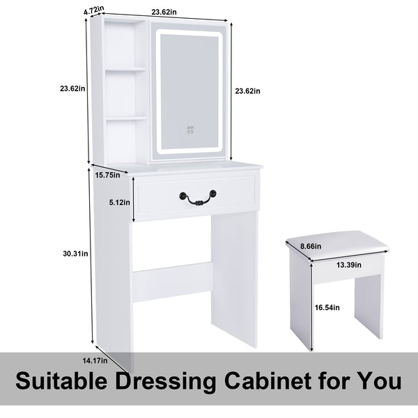 English Elm Modern Mini Dressing Table LED Vanity with Adjustable 3-Mode Brightness, Hidden Storage & Stool (White) W2699P296516
