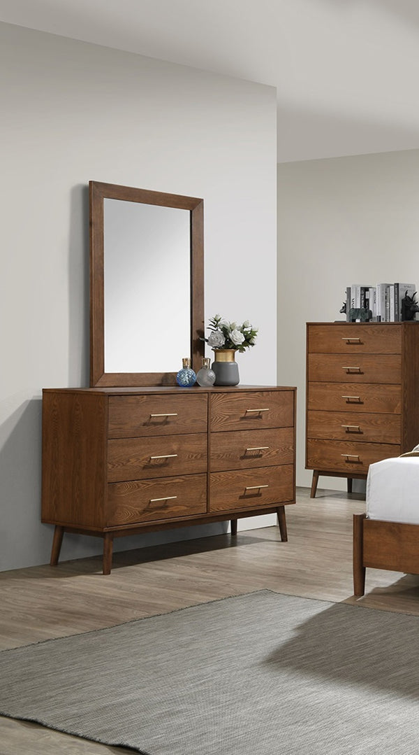 English Elm Walnut Mid-Century 5-Drawer Chest with Nickel Bar Pulls, Solid Wood Veneer, Anti-Tip System, 33.5"W x 17.5"D x 47.5"H Walnut 50 L x 21 W x 30 H B2741P361151