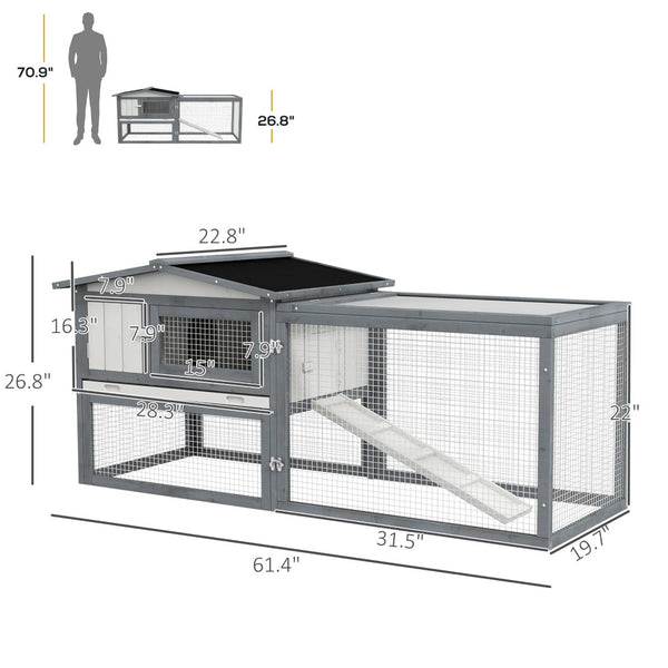 English Elm Pawhut Two-tier Fir Wood Rabbit Hutch Outdoor Run with Asphalt Roof and Feeding Trough W2225P173747