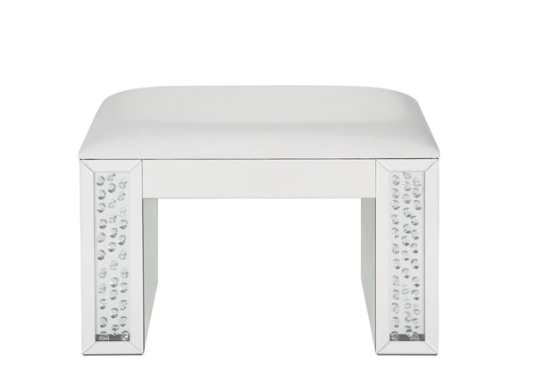 English Elm Nysa Glam Vanity Stool with Mirrored Crystal Frame and Ivory Pu Leather Seat B2726P448753